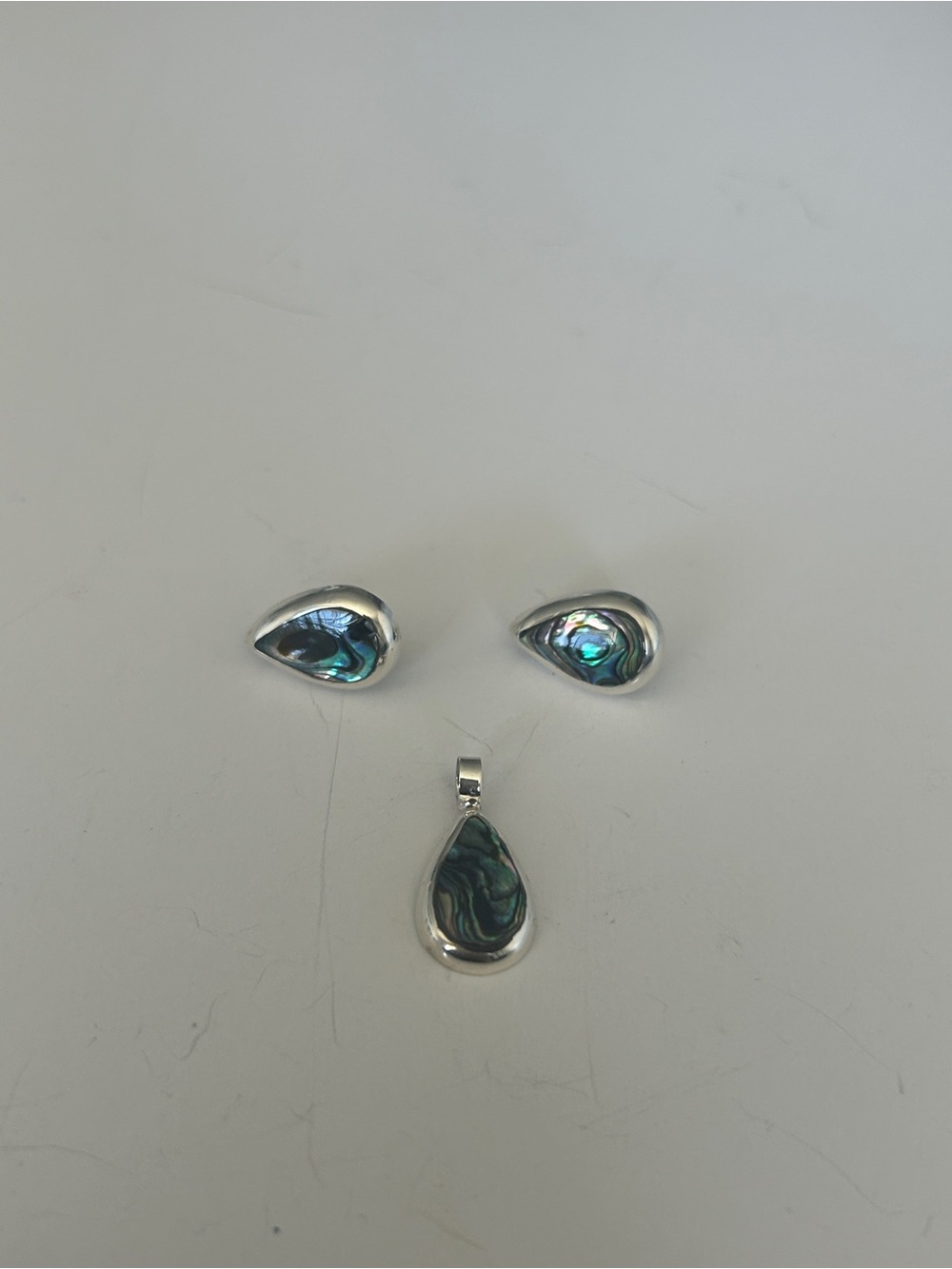 Taxco Mexigo 925 Sterling Silver Abalone Shell Teardrop Earrings & Pendant Set - Picture 5 of 8